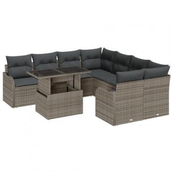 Set Sofà da Terrazzo 9 Pezzi con Cuscini, Grigio Polyrattan