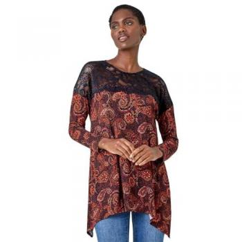 Roman Women's Red Lace Detail Paisley Print Stretch Top