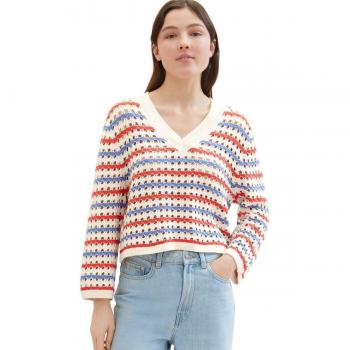 TOM TAILOR Denim Strickpullover in Streifen-Optik und mit V-Ausschnitt
