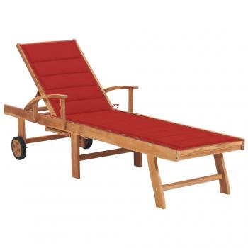 Tumbona piscina madera maciza de teca con cojín rojo