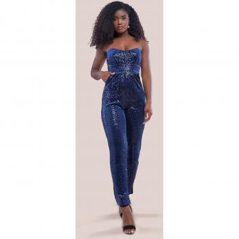 Corset Jumpsuit with Sequins and Velvet by Goddiva in Navy