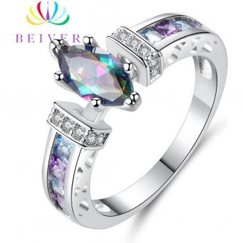 Beiver White Gold Rainbow Zircon Oval Promises Rings for Ladies