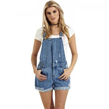 WOODLY‑10 Denim Dungaree Overall Shorts – Urban Bliss Woven Stripe with Abrasive Front