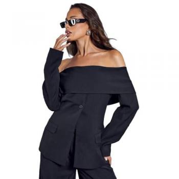 Black Tailored Bardot Blazer Top for Women