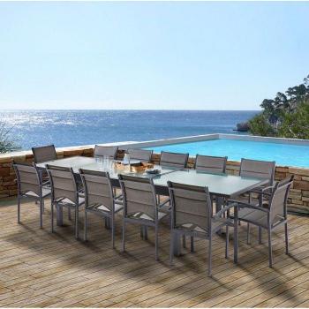 Ensemble de salon de jardin Modulo T 8/12 en Aluminium et Textilène avec Plateau en Verre Noir