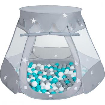 Grau‑Weiß‑Türkoses Spielzelt Burghaus 105x90 cm mit 300 Bällen – Pop‑Up Ballpit