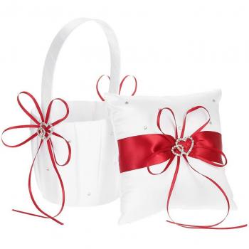 Double Heart Rhinestone Decor Satin Flower Girl Basket Set