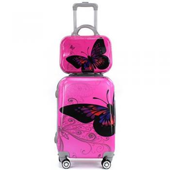 Maleta de Cabina Trolley con Neceser 4 Ruedas Giratorias 360° Mariposa Fucsia