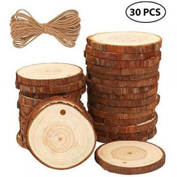 Dischetti di Legno Grezzo con Corda di Juta 30 Pz