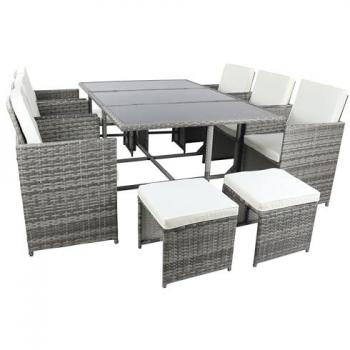 VCM 9-tlg Rattan Gartenmöbel Sitzgruppe mit Glas Tisch