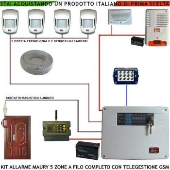 Kit Antifurto Maury Diana 5 Zone 2 IR 2 Doppia Contatto Magn. GSM Chiamata Allarme Telegestione Sirena Interna Esterna (Versione A)