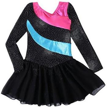 Kidsparadisy Girls Black Dance Leotard with Rainbow Stripe Skirt Dress and Tulle Sleeves for Gymnastics (Size 170)