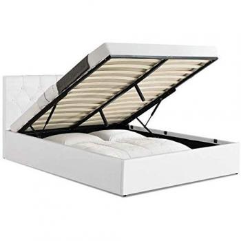 Lit Coffre Double Austin PVC Blanc 140x190 cm avec Sommier et Tête de Lit