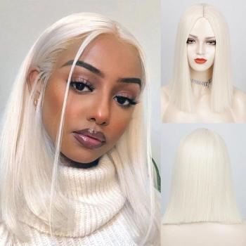 Peluca Sintética Rubia Platino 14 Pulgadas, Corte Bob para Mujeres Negras, Resistente al Calor
