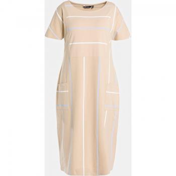 Abito a strisce midi, oversize, scollo girocollo, Donna, Beige, Taglia 60/62, Cotone
