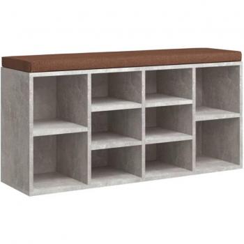 Banc de rangement chaussure ergonomique – Couleur gris béton, coussin assise marron, bois d’ingénierie