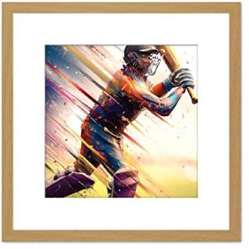 8 x 8 Cricket Batsman Oil Splash – Light Oak Wooden Frame