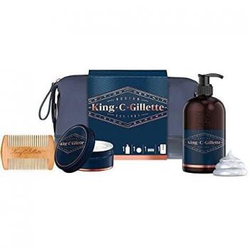 King C. Gillette Rasierset für Herren mit Kulturbeutel + Bartkamm + Bartshampoo + Balsam
