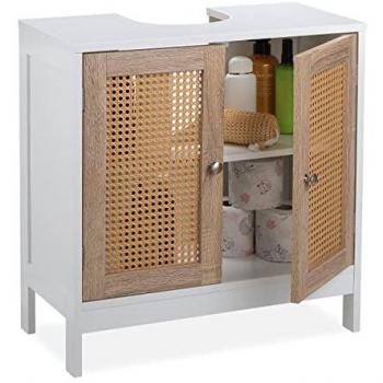 Relaxdays Badunterschrank, 60 cm, 2 Fächer, Siphon-Aussparung, Rattan-Türen