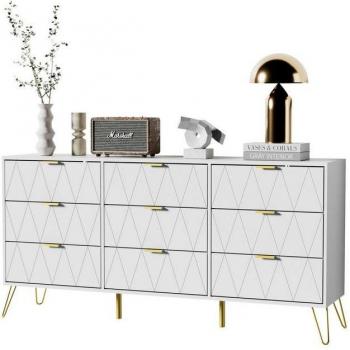 Meuble chambre adulte/enfant GOOBUY – 9 tiroirs – Design Scandinave – Doré – 150 × 34 × 74 cm – Blanc