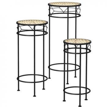Ensemble 3 supports pot de fleurs ronds, finition rotin, métal doré et noir
