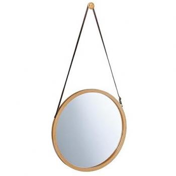 Specchiera Rotonda da Appendere, Cinghia Regolabile, Ø 38 cm, Cornice in Bambù, Stile Naturale