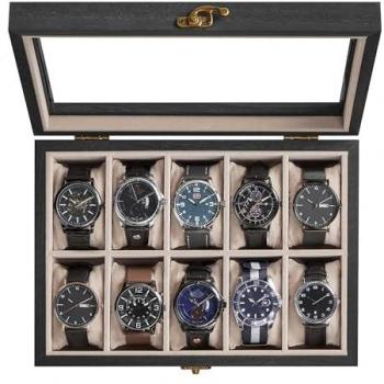 Ebony Black Watch Box with Glass Lid and 10 Slots