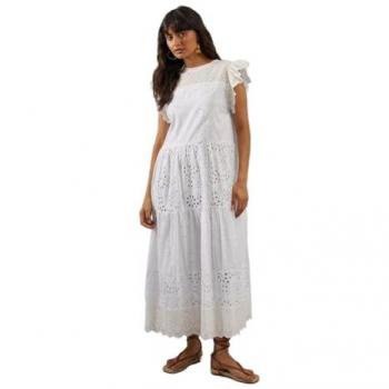 White Cotton Broderie Mix Tiered Midi Dress for Women