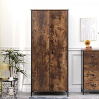HMD Two-Door Industrial Bedroom Wardrobe with Metal Frame in Burning Wood Color