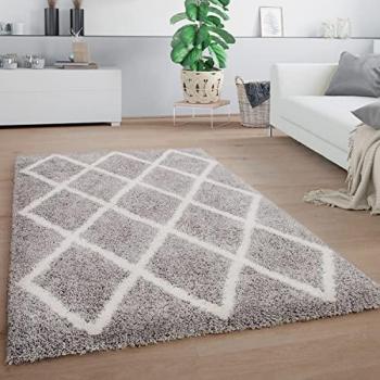Shaggy Poils Longs Tapis Salon Scandinave Motif Diamant Gris Blanc 60x100 cm Paco Home