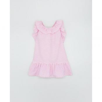 Vestido seersucker rosa y blanco con volante ancho