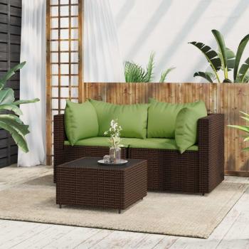 Salon de Terrasse 3 Pcs avec Coussins Marron Résine Tressée
