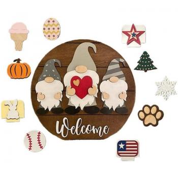 Gnome-Themed Welcome Sign for Front Door with Interchangeable Decor