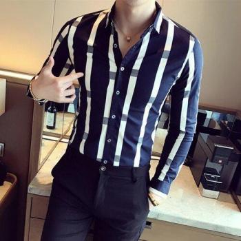 Camisa de trabajo de estilo británico para hombre, rayas anchas, corte slim, casual