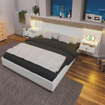 Bedset Okwish 140x200 cm: Letto in Legno con 2 Comodini a LED