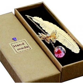 Toirxarn Gold Feather Bookmark with Pink Safflower Pendant