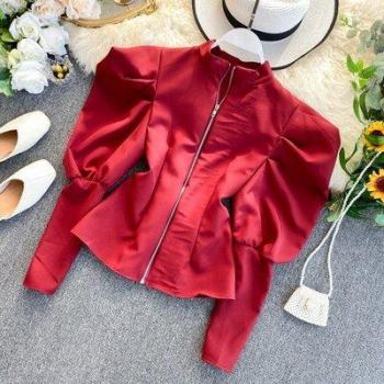 Autumn Long-sleeved Puff Sleeve Zipper Jacket for Women