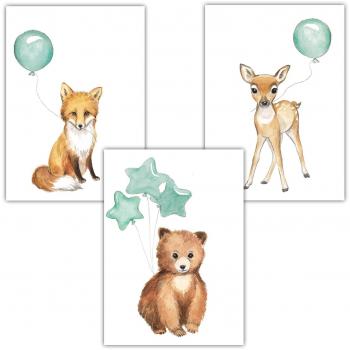 Babyzimmmer-Tierposter-Set von Frechdax mit Luftballon und Farbwahl (3er Set Mint, Bär, Fuchs)