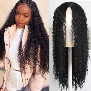 Peluca de Encaje Frontal Rizada para Mujer, Negro Largo 13x4, Fibra de Alta Temperatura