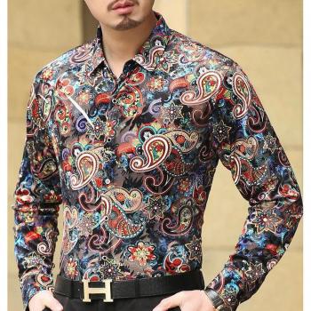 Spring Summer Men's Long Sleeve Velvet Silk Shirt