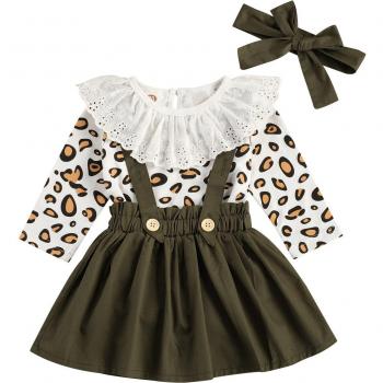 Girl's Three Piece Leopard Print Outfit with Romper and Skirt
