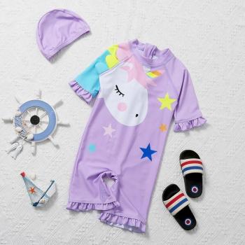 Kids Purple Unicorn One Piece Swimwear, Plus Size 3XL, Ruffle Zipper Bathing Suit for Ages 3-12