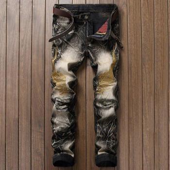 Men's Black Streetwear Jeans with Wing Embroidery