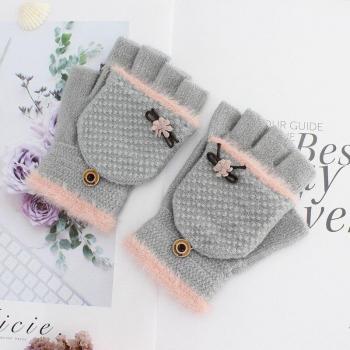 Gants féminins d’hiver, tricoté, à rabat, laine douce, flocage demi-doigt