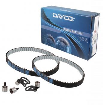 Kit de distribution Dayco avec toutes les caractéristiques nécessaires pour un remplacement complet du système de distribution, incluant la courroie de distribution, les galets tendeurs et les accessoires associés