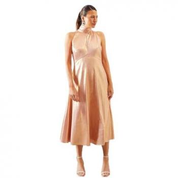 Women's Wallis Metallic Tie Neck Midi Dress in Rose Gold – Size 20
