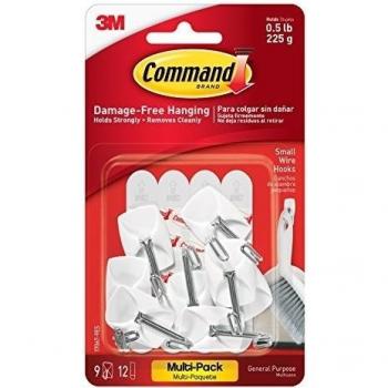 Compact White Wire Hooks with Adhesive Strips, Pack of 9