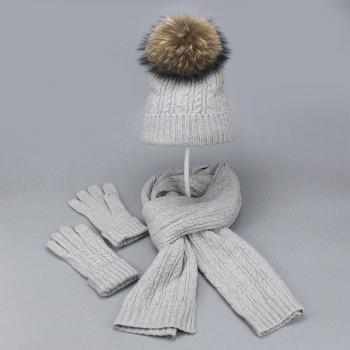 Tête d’hiver chic : Chapeau tricoté + écharpe + gants – 3 pièces rayures torsadées avec pompons faux cuir
