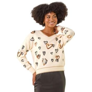 Women's Scattered Heart V‑Neck Sweater (Ivory) – Size 20