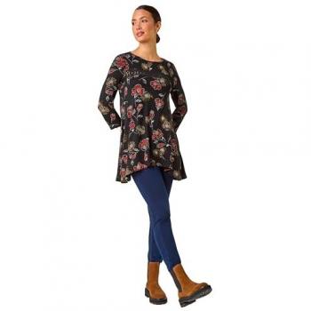 Floral Print Lace Trim Stretch Top for Women